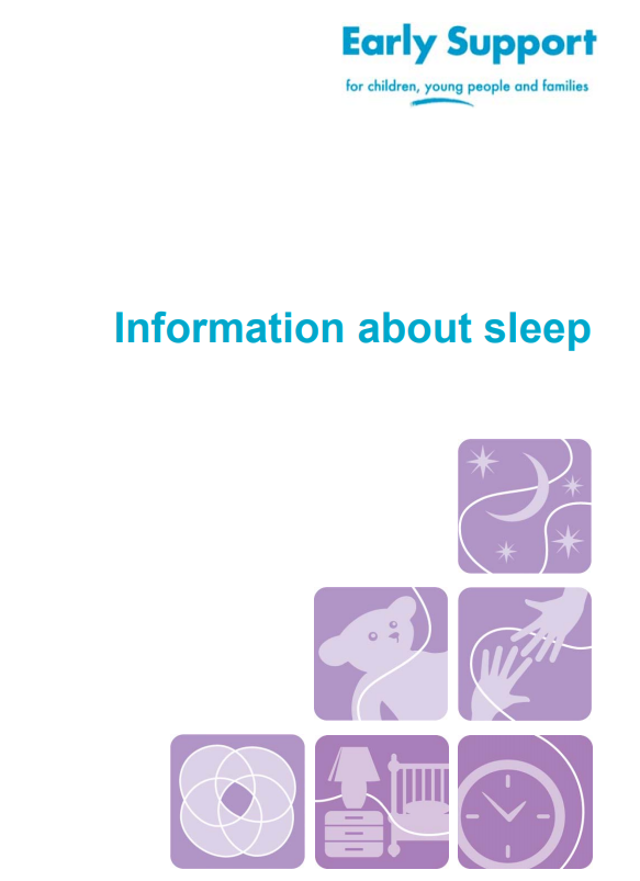 information about sleep booklet front cover with purple squares and a teddy