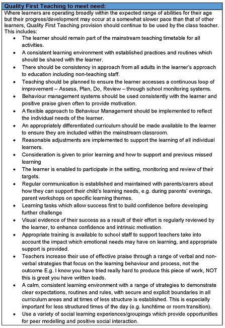 A table of the quality first teaching to meet needs with advice on how to do this in regards to the categories in the previous image; "social difficulties", "emotional difficulties" and "learning behaviour and attitude towards school".