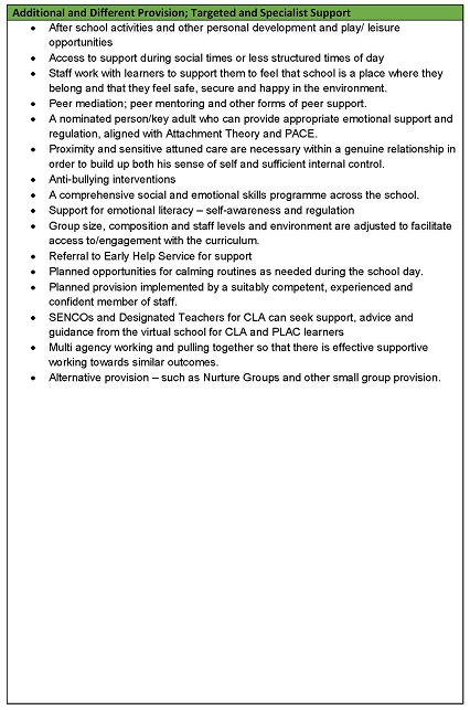 A table of additional and different provisions and targeted and specialist support in regards to the previous categories in the previous images; "social difficulties", "emotional difficulties" and "learning behaviour and attitude towards school".